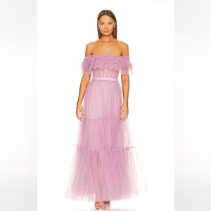 BCBGMAXAZRIA Off Shoulder Tiered Tulle Gown in Lavender Pink